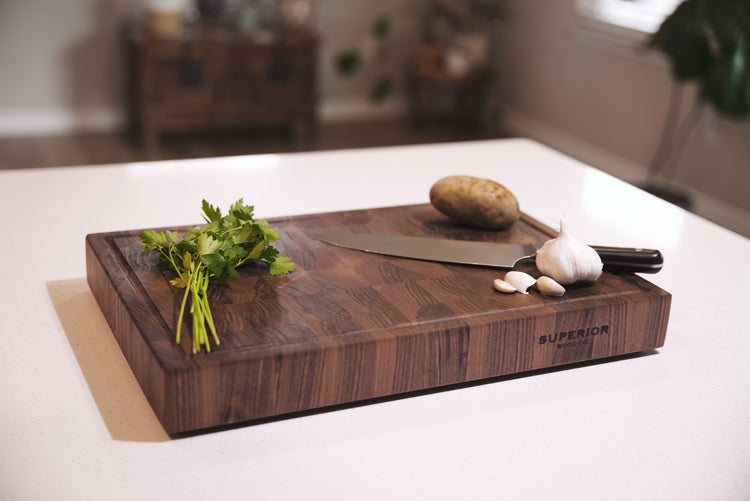 end grain cutting board with vegetables